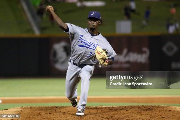 Pensacola Blue Wahoos pitcher Robinson Leyer during the 2018 Southern League All-Star Game. The South All-Stars defeated the North All-Stars by the...