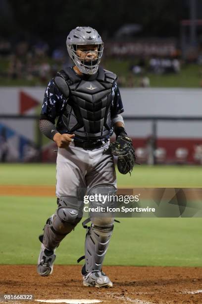 Jacksonville Jumbo Shrimp catcher Rodrigo Vigil during the 2018 Southern League All-Star Game. The South All-Stars defeated the North All-Stars by...