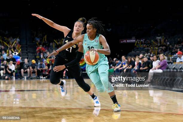 Epiphanny Prince of the New York Liberty handles the ball against the Las Vegas Aces on June 22, 2018 at the Mandalay Bay Events Center in Las Vegas,...