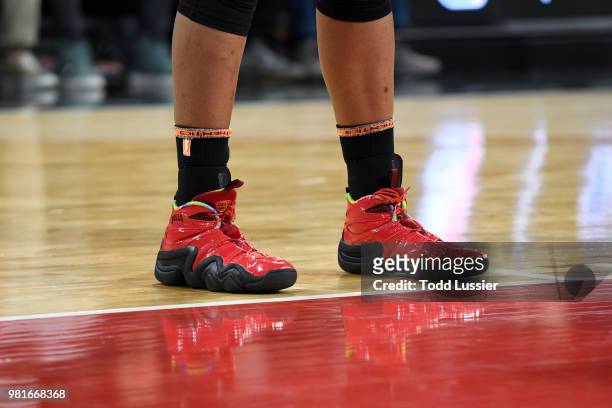 The sneakers of Kelsey Bone of the Las Vegas Aces are seen during the game against the New York Liberty on June 22, 2018 at the Mandalay Bay Events...