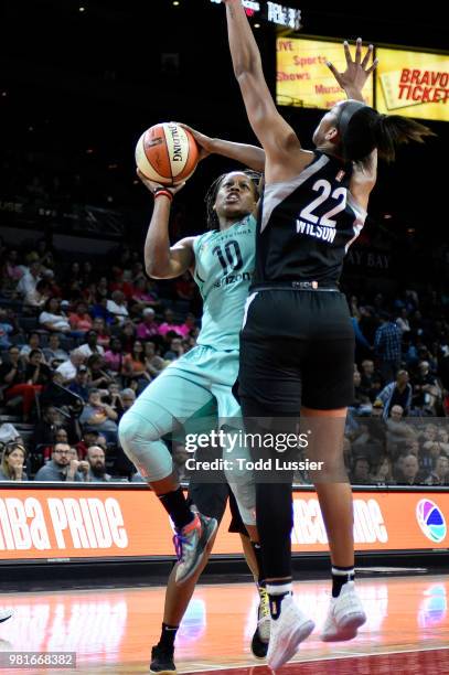 Epiphanny Prince of the New York Liberty goes to the basket against the Las Vegas Aces on June 22, 2018 at the Mandalay Bay Events Center in Las...