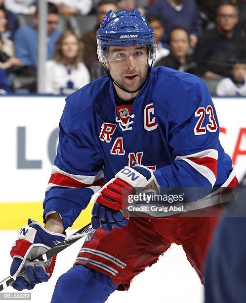 Chris Drury of the New York Rangers skates during the game against the Toronto Maple Leafs on March 27, 2010 at the Air Canada Centre in Toronto,...