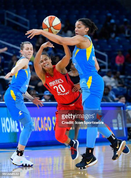 Washington Mystics guard Kristi Toliver is fouled by Chicago Sky forward Gabby Williams on June 22, 2018 at the Wintrust Arena in Chicago, Illinois.