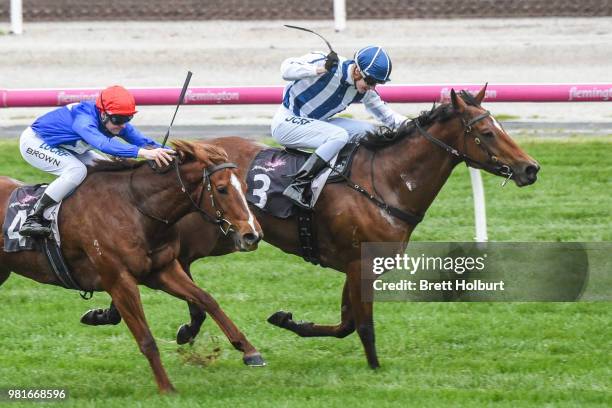 Miles of Krishan ridden by Fred Kersley wins the The Murray Region Handicap at Flemington Racecourse on June 23, 2018 in Flemington, Australia.