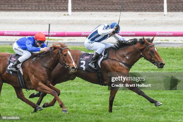 Miles of Krishan ridden by Fred Kersley wins the The Murray Region Handicap at Flemington Racecourse on June 23, 2018 in Flemington, Australia.