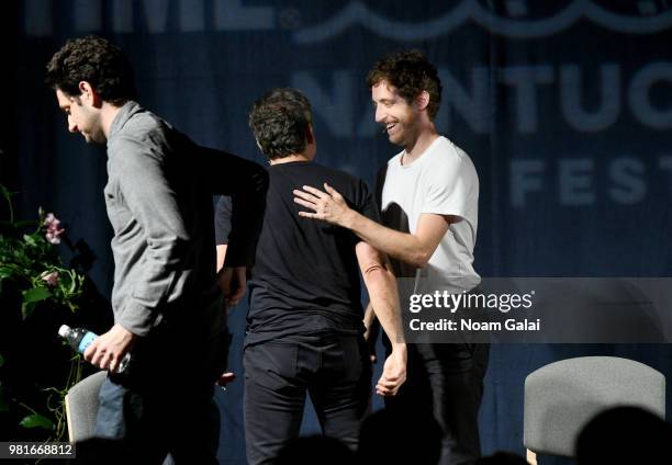 Ben Schwartz, Ben Stiller and Thomas Middleditch speak onstage during the All-Star Comedy Roundtable, The Improv Takeover Q&A during the 2018...