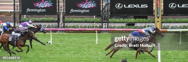 Miles of Krishan ridden by Fred Kersley wins the The Murray Region Handicap at Flemington Racecourse on June 23, 2018 in Flemington, Australia.