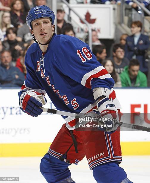 Marc Staal of the New York Rangers skates during the game against the Toronto Maple Leafs on March 27, 2010 at the Air Canada Centre in Toronto,...