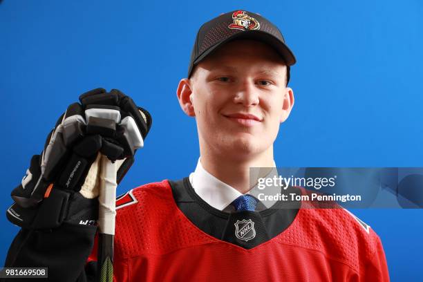 Brady Tkachuk poses after being selected fourth overall by the Ottawa Senators during the first round of the 2018 NHL Draft at American Airlines...
