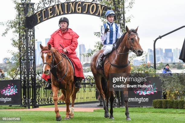 Fred Kersley returns to the mounting yard on Miles of Krishan after winning the The Murray Region Handicap at Flemington Racecourse on June 23, 2018...