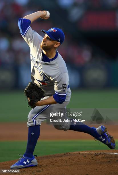 Marco Estrada of the Toronto Blue Jays pitches against the Los Angeles Angels of Anaheim at Angel Stadium on June 22, 2018 in Anaheim, California.