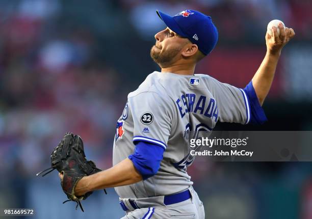 Marco Estrada of the Toronto Blue Jays pitches against the Los Angeles Angels of Anaheim in the first inning at Angel Stadium on June 22, 2018 in...