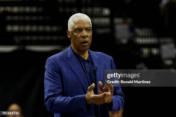 Head coach Julius Erving of Tri State coaches during week one of the BIG3 three on three basketball league at Toyota Center on June 22, 2018 in...