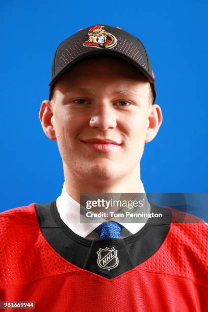 Brady Tkachuk poses after being selected fourth overall by the Ottawa Senators during the first round of the 2018 NHL Draft at American Airlines...