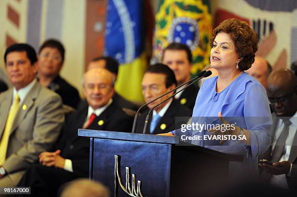 Former Brazilian Chief of Staff Dilma Rousseff delivers a speech during the inauguration ceremony of 10 new ministers at Itamaraty Palace in Brasilia...