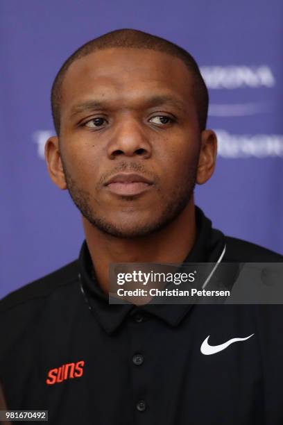 James Jones of the Pheonix Suns attends a press conference at Talking Stick Resort Arena on June 22, 2018 in Phoenix, Arizona. NOTE TO USER: User...