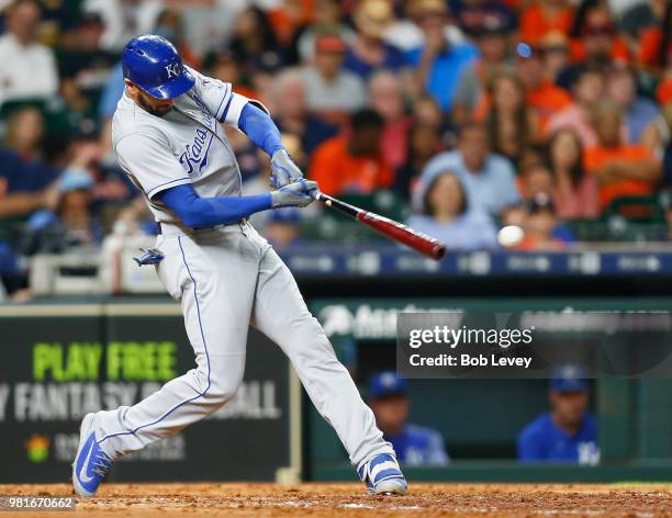 Paulo Orlando of the Kansas City Royals lines out in the sixth inning against the Houston Astros at Minute Maid Park on June 22, 2018 in Houston,...