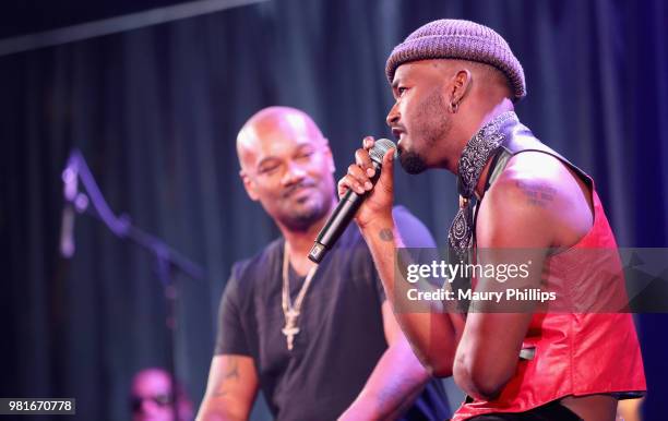 Big Tigger and Luke James speak onstage during Acoustically Speaking, sponsored by M&Ms, during the 2018 BET Experience at Los Angeles Convention...