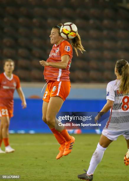 Houston Dash defender Sofia Huerta goes up for a header during the soccer match between the Portland Thorns and Houston Dash on June 22, 2018 at BBVA...