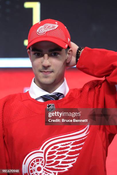 Joseph Veleno poses after being selected thirtieth overall by the Detroit Red Wings during the first round of the 2018 NHL Draft at American Airlines...