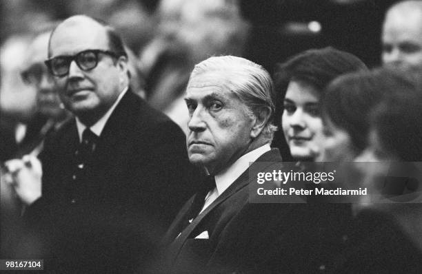 British businessman and chairman of the Lonrho conglomerate Tiny Rowland at the company's AGM at the Grosvenor House Hotel, London, March 1990.