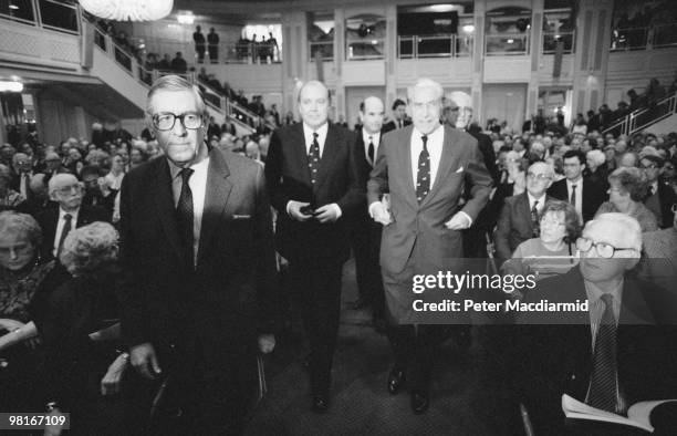 British businessman and chairman of the Lonrho conglomerate Tiny Rowland at the company's AGM at the Grosvenor House Hotel, London, March 1990. On...