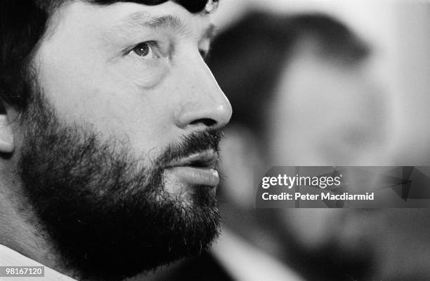 British Labour Party MPs David Blunkett and Robin Cook at a press conference at the House of Commons, London, 14th February 1990.