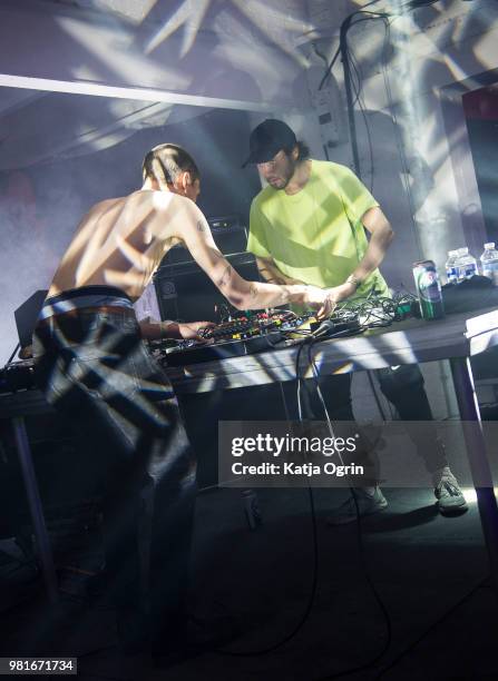 Robin Stewart and Harry Wright of Giant Swan perform on stage during Supersonic Festival on June 22, 2018 in Birmingham, England.