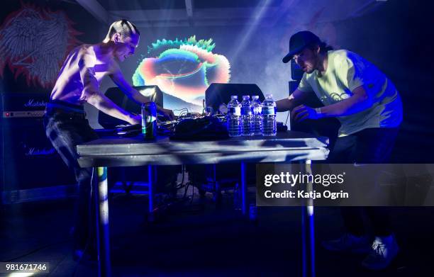 Robin Stewart and Harry Wright of Giant Swan perform on stage during Supersonic Festival on June 22, 2018 in Birmingham, England.