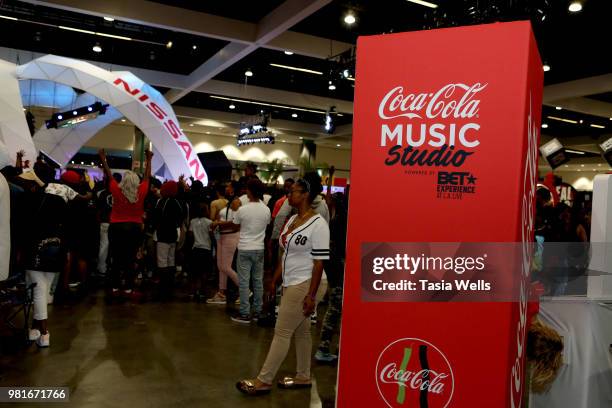 General view of the atmosphere at the Coca-Cola Music Studio at the 2018 BET Experience Fan Fest at Los Angeles Convention Center on June 22, 2018 in...