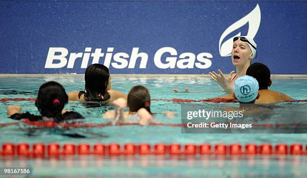 Double Olymian, World, Commnwealth and European Medalist Melanie Marshall teaches School Children Tumble Turns at the British Gas Pools for Schools...