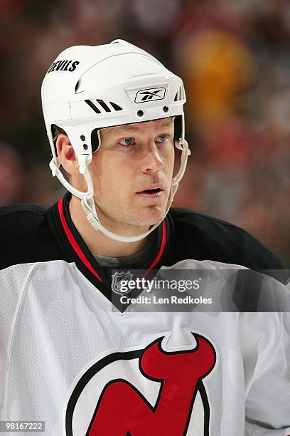 Dean McAmmond of the New Jersey Devils looks on against the Philadelphia Flyers on March 28, 2010 at the Wachovia Center in Philadelphia,...