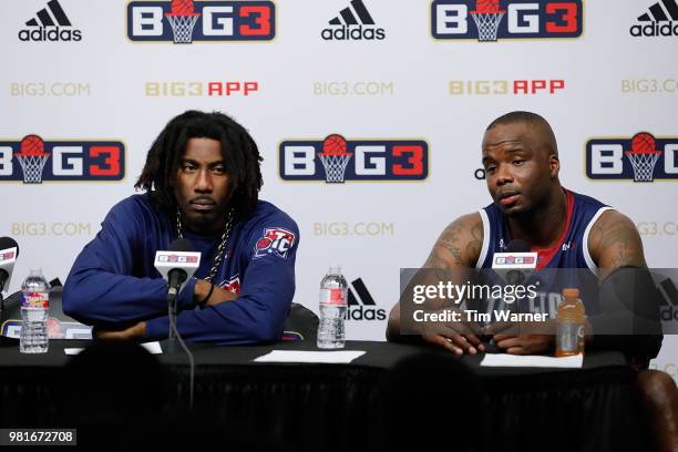 Amar'e Stoudemire and Jermain O'Neal of Tri State speak to the media during week one of the BIG3 three on three basketball league at Toyota Center on...