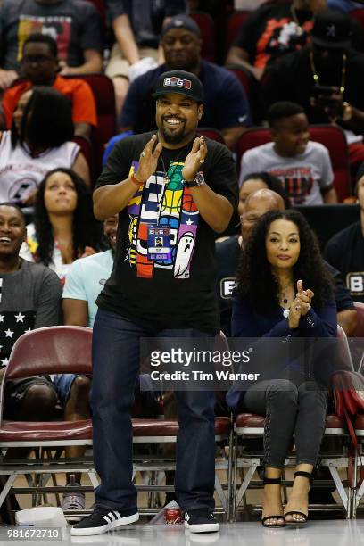 League Co-Founder and entertainer, Ice Cube, is seen with his wife, Kimberly Woodruff, during week one of the BIG3 three on three basketball league...