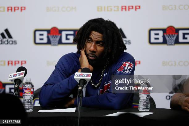 Amar'e Stoudemire of Tri State speaks to the media during week one of the BIG3 three on three basketball league at Toyota Center on June 22, 2018 in...