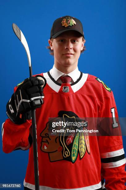 Adam Boqvist poses after being selected eighth overall by the Chicago Blackhawks during the first round of the 2018 NHL Draft at American Airlines...