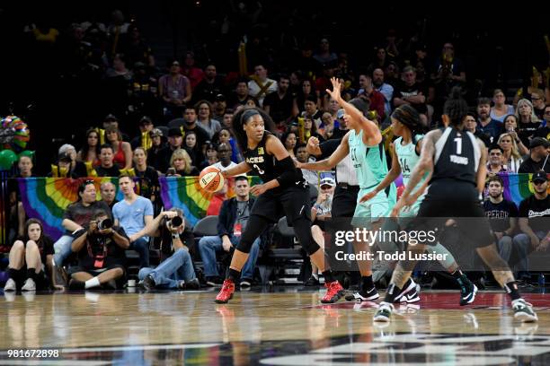 Kelsey Bone of the Las Vegas Aces handles the ball against the New York Liberty on June 22, 2018 at the Mandalay Bay Events Center in Las Vegas,...