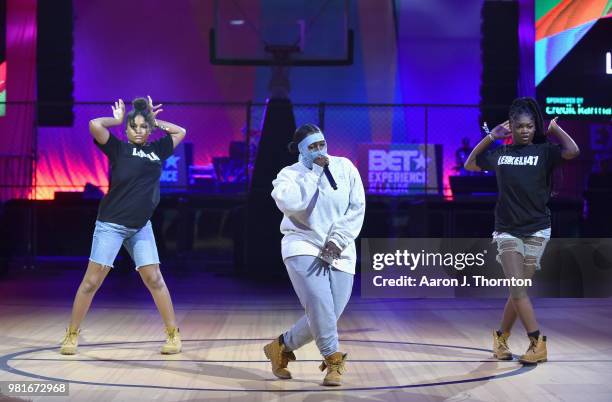 Leikeli47 performs at the BETX Main Stage, sponsored by Credit Karma, at 2018 BET Experience Fan Fest at Los Angeles Convention Center on June 22,...