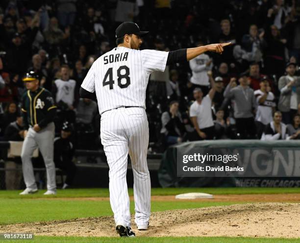 Joakim Soria of the Chicago White Sox reacts after getting the final out against the Oakland Athletics in game two of a doubleheader on June 22, 2018...