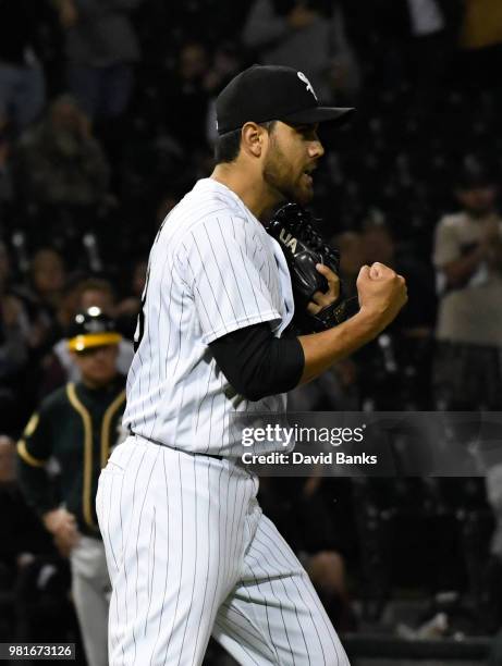 Joakim Soria of the Chicago White Sox reacts after getting the final out against the Oakland Athletics in game two of a doubleheader on June 22, 2018...