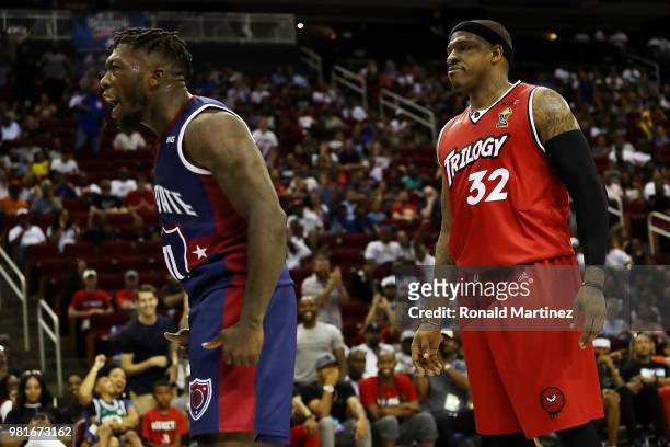 Rashad McCants of Trilogy and Nate Robinson of Tri State react during week one of the BIG3 three on three basketball league at Toyota Center on June...