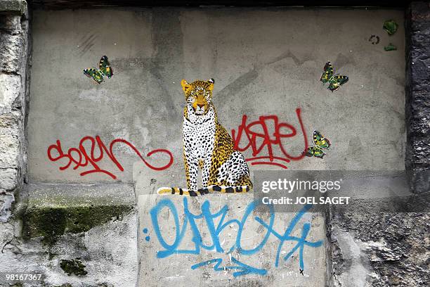 Picture taken on March 27, 2010 in Paris shows a wall covered with a graffiti featuring a panther and butterflies by French artists "Mosko et...