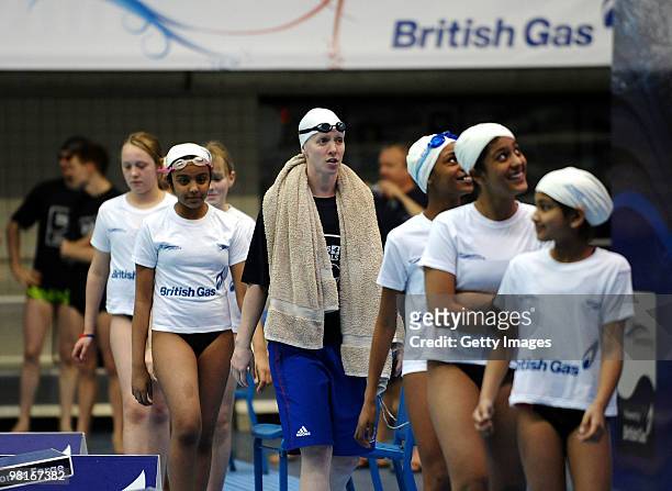Double Olympian, World, Commnwealth and European Medalist Melanie Marshall lines up with fellow racers before the British Gas Pools for Schools race...