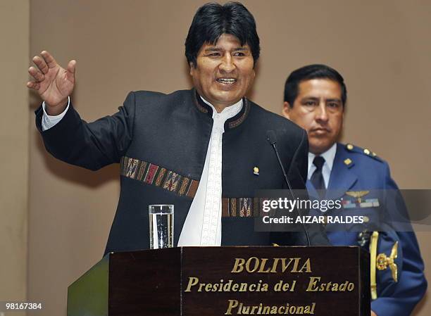 Bolivian President Evo Morales speaks during the enactement of the new anti-corruption law, retroactive and imprescriptible, at the palacio Quemado...