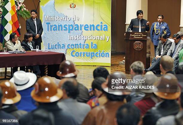 Bolivian President Evo Morales speaks during the enactement of the new anti-corruption law, retroactive and imprescriptible, at the palacio Quemado...