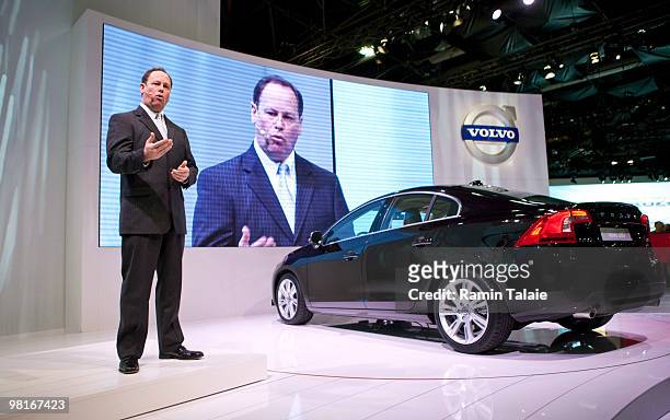 President and CEO of Volvo Cars North America, Doug Speck introduces Volvo's latest model, Volvo S60, during the New York Auto International Show...