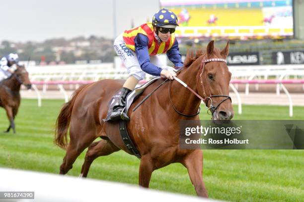 Nature Strip ridden by Damian Lane wins the Great Ocean Road Handicap at Flemington Racecourse on June 23, 2018 in Flemington, Australia.