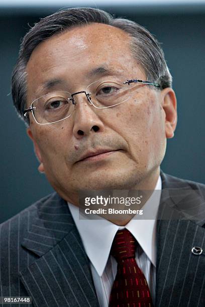 Takashi Yamanouchi, president and chief executive officer of Mazda Motor Corp., speaks during an interview at the New York International Auto Show in...