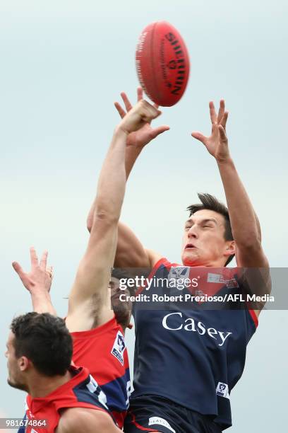 Samuel Weideman of Casey attempts a mark during the round 12 VFL match between Casey and Coburg at Casey Fields on June 23, 2018 in Melbourne,...