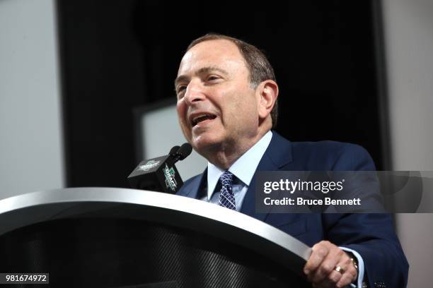 Commissioner Gary Bettman speaks during the first round of the 2018 NHL Draft at American Airlines Center on June 22, 2018 in Dallas, Texas.